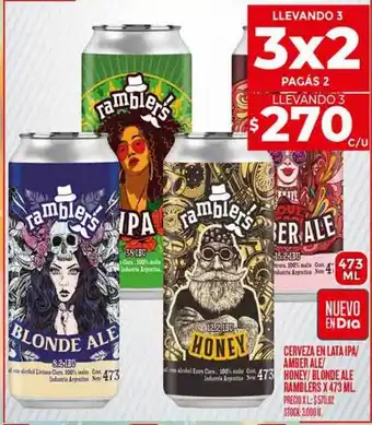 Supermercados DIA Cerveza en lata ipa, amber ale, honey o blonde ale ramblers oferta