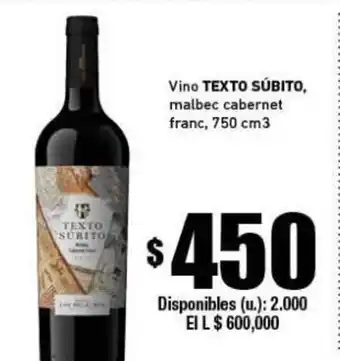 Cooperativa Obrera Texto Súbito, Vino malbec cabernet oferta