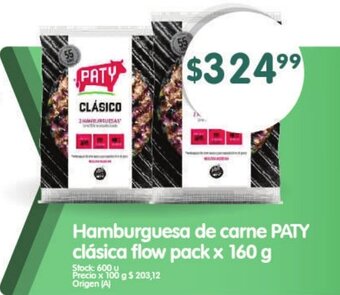 Supermercados Buenos Días Hamburguesa de Carne PATY Clásica Flow Pack x 160g oferta