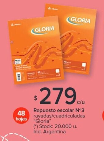 Carrefour Repuesto Escolar N°3 Rayadas / Cuadriculadas GLORIA 48 hojas oferta