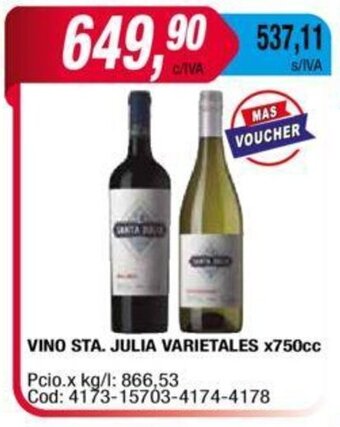 Maxiconsumo Vino STA JULIA varietales x 750cc oferta
