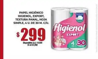 Cooperativa Obrera Papel higiénico higienol export textura panal hoja simple 4 de 30 m oferta
