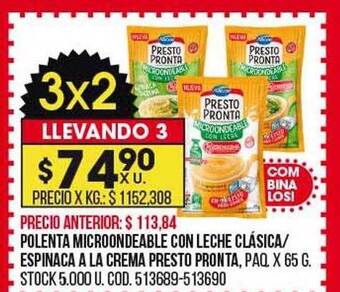 Coto Polenta microondeable con leche clásica espinaca a la crema presto pronta oferta
