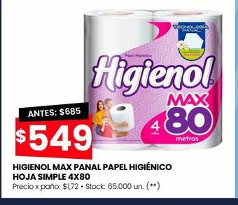 Changomas Higienol max panal papel higiénico hoja simple 4x80 oferta