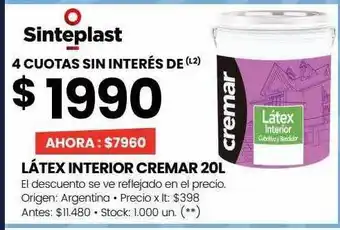 Changomas Sinteplast látex intereior cremar 20l oferta