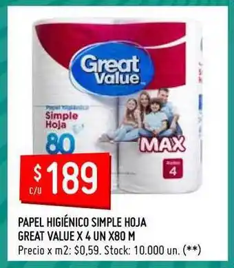Changomas Max Papel Higiénico Simple Hoja Great Value oferta