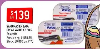 Changomas Sardinas En Lata Great Value 160g oferta