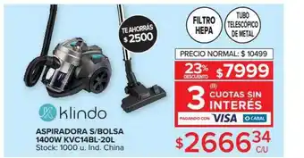 Carrefour Klindo Aspiradora S-bolsa 1400W KVC14BL-20L oferta