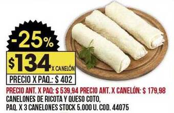 Coto Canelones de ricota y queso coto oferta