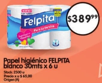 Supermercados Buenos Días Papel Higiénico FELPITA Blanco 30m x 6u oferta