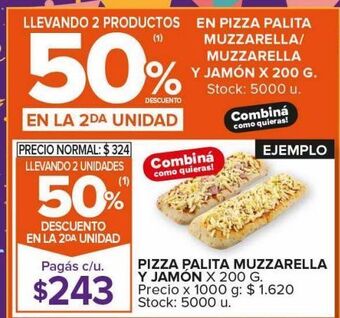 Carrefour Maxi Pizza palita muzzarella y jamón x 200g oferta
