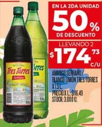 Supermercados DIA Amargo Serrano/Blanco Limón Tres Torres 1,5L oferta