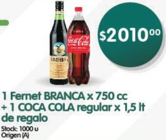 Supermercados Buenos Días 1 Fernet Branca 750cc + 1 Coca Cola Regular 1,5L de Regalo oferta
