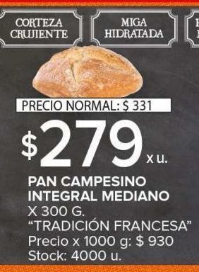 Carrefour Maxi Pan campesino integral mediano 300g oferta