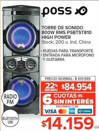 Carrefour Poss torre de sonido 800w rms psbtst810 high power oferta
