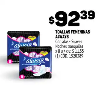 Makro Always Toallas Femeninas Con alas, suaves Noches tranquilas x 8 u oferta