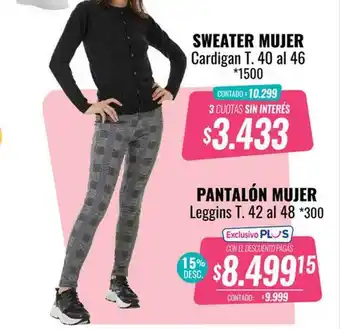 La Anonima Sweater mujer cardigan t. 40 al 46, pantalón mujer leggins t. 42 al 48 oferta