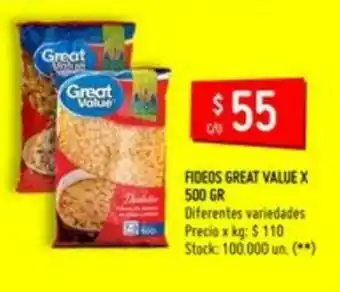 Changomas Fideos Great Value x 500gr oferta