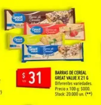 Walmart Barras De Cereal Great Value x 21g oferta