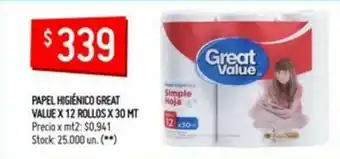 Walmart Papel Higiènico Great Value x 12 rollos x 30mt oferta