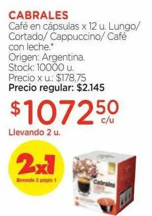 Farmacity Cabrales café en cápsulas x 12 lungo-cortado- cappuccino- café con leche oferta