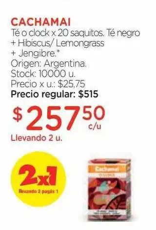 Farmacity Cachamai té o clock x 20 saquitos. té negro + hibiscus- lemongrass + jengibre oferta