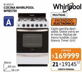 Cetrogar Cocina multigas whirlpool wfb57di blanca 4h encendido eléctrico 56 cm oferta