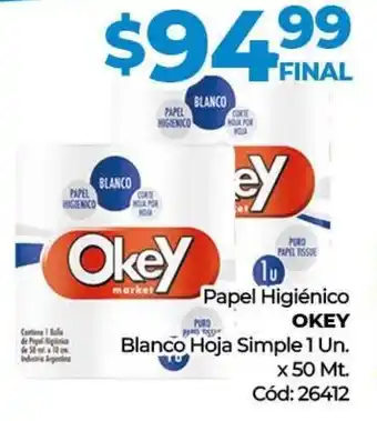 Diarco Papel Higiénico Okey Blanco Hoja Simple 1 un. x 50m oferta