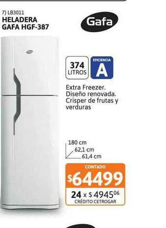 Cetrogar Heladera Gafa Hgf-387 oferta