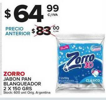 Carrefour Maxi Zorro Jabon Pan Blanqueador 2 x 150grs oferta
