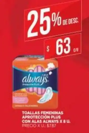 Supermercados DIA Toallas Femeninas Aprotección Plus Con Alas Always x 8 u oferta