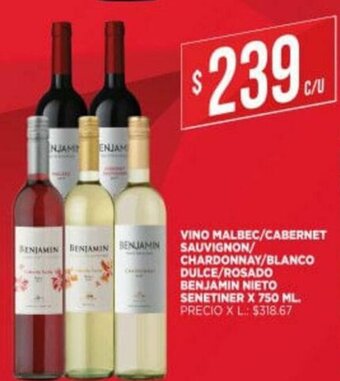 Supermercados DIA Vino Malbec/ Cabernet Sauvignon/ Chardonnay/ Blanco Dulce/Rosado Benjamin Nieto Senetiner x 750 ml oferta