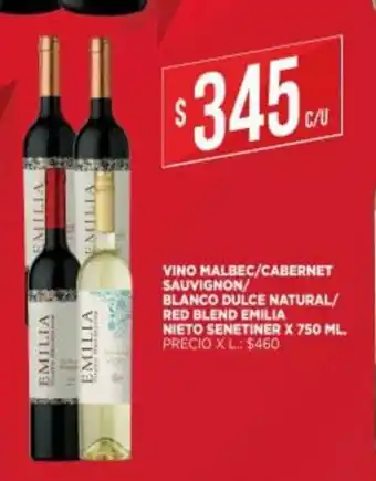 Supermercados DIA Vino Malbec/ Cabernet Sauvignon/ Blanco Dulce Natural/ Red Blend Emilia Nieto Senetiner x 750 ml oferta