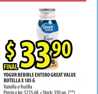 Punto Mayorista Yogur bebible Entero Great Value Botella x 185g oferta