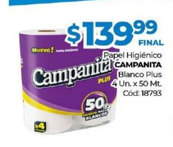 Diarco Campanita Papel Higiènico Blanco Plus 4 Un x 50mt oferta