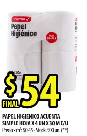 Punto Mayorista Acuenta Papel Higienico Simple Hoja x 4 un x 30 m c/u oferta