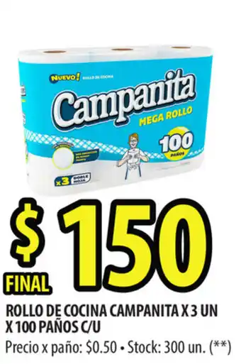 Punto Mayorista Campanita Rollo de Cocina x 3 un x 100 paños c/u oferta