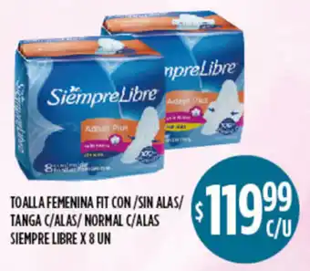 Supermercados Toledo Toalla Femenina Fit Con/ Sin Alas/ Tanga C/ Alas/ Normal C/ Alas Siempre Libre x 8 un oferta