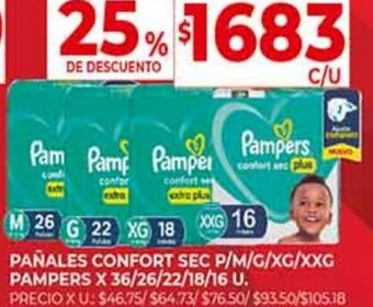 Supermercados DIA Pañales Confort Sec P/M/G/XG/XXG Pampers 36/26/18/16u oferta