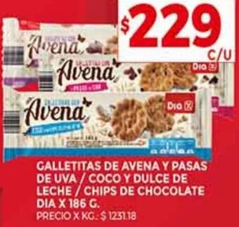 Supermercados DIA Galletitas de Avena y Pasas de Uva/Coco y Dulce de Leche/ Chips de Chocolate Dia 186g oferta