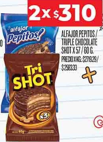 Supermercados DIA Alfajor Pepitos/ Triple Chocolate Shot 2x57/60g oferta