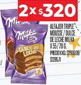 Supermercados DIA Alfajor Triple Mouse/Dulce de Leche Milka 2x55/70g oferta