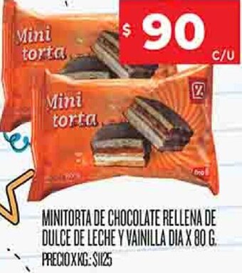 Supermercados DIA Minitorta de Chocolate Rellena de Dulce de Leche y Vainilla Dia 80g oferta