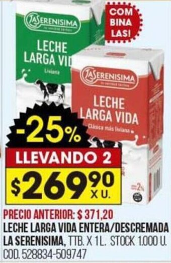 Coto Leche Larga Vida Entera/Descremada La Serenisima 1L oferta