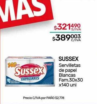 Sussex servilletas de papel blancas fam. 30x30