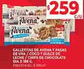 Supermercados DIA Galletitas de Avena y Pasas de Uva/Coco y Dulce de Leche/ Chips de Chocolate Dia 186g oferta