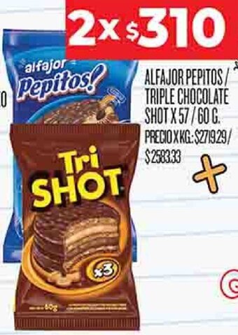 Supermercados DIA Alfajor Pepitos/ Triple Chocolate Shot 2x57/60g oferta