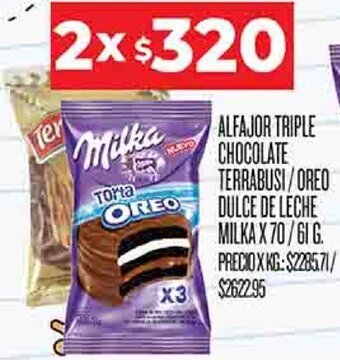 Supermercados DIA Alfajor Triple Chocolate Terrabusi/Oreo Dulce de Leche Milka 2x70/61g oferta
