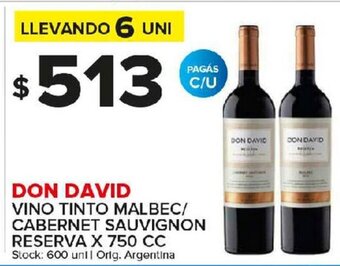 Carrefour Maxi Don David Vino Tinto Malbec/Cabernet Sauvignon Reserva x 750cc oferta