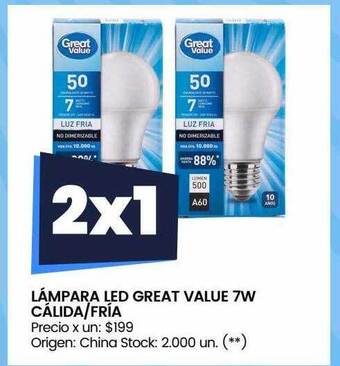 Walmart Lámpara led great value 7w cálida fría oferta